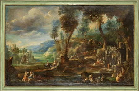 "Paesaggio animato con fontana" olio<br>cm. 