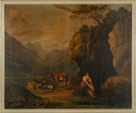 "Paesaggio roccioso con animali e figura" 