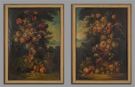 "Vasi di fiori in un paesaggio" coppia di 