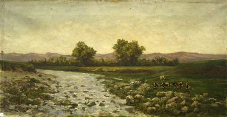 "Paesaggio con ruscello" olio sec.XX<br>cm. 
