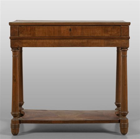 Piccola console neoclassica lastronata in noce, 