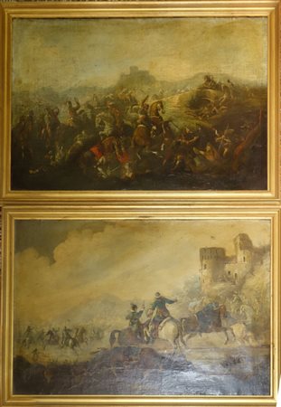 "Battaglie" coppia di olii, inizi sec.XX<br>cm. 