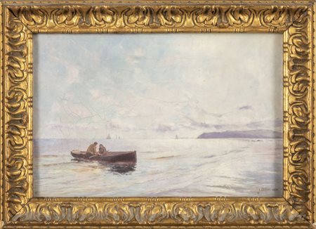 Scuola fiamminga sec.XIX "Paesaggio marino con 