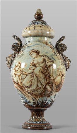 Grande vaso in maiolica con coperchio  decorato 