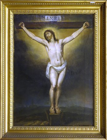 "Crocefissione" olio, sec.XIX<br>cm. 38x58