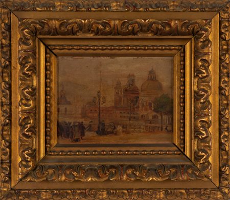 "Veduta di città con figure" olio su 