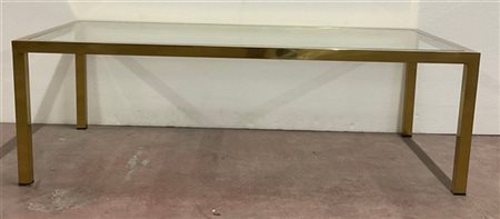 Tavolino da salotto con struttura in metallo dorato e piano in vetro (cm 120x39