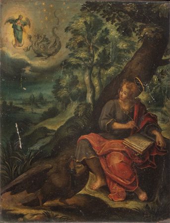 Maestro del XVII secolo. "San Giovanni a Patmos". Olio su rame. Cm 23,5x18.