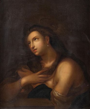 Maestro del XVII secolo. "Maddalena penitente". Olio su tela. Cm 80x63.
