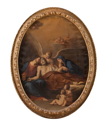 Maestro bolognese del XVII secolo. "Morte di San Giuseppe". Olio su tela. Cm...