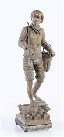 VICTOR ROUSSEAU (Feluy 1865 – Forest 1954) "Ragazzo con cesta". Scultura in...