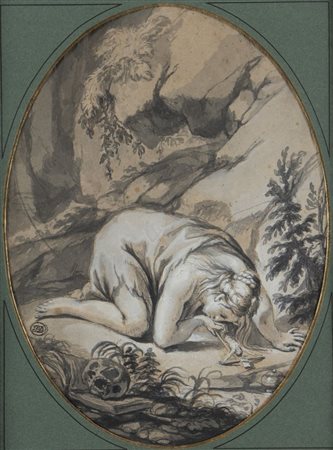 Maestro del XVIII secolo. "Maddalena inginocchiata". China acquarellata e...
