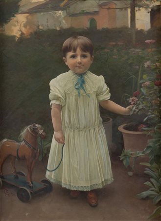 CAMILLO MERLO (1856-1931) "Ritratto di bambina con cavallino", 1893. Olio su...