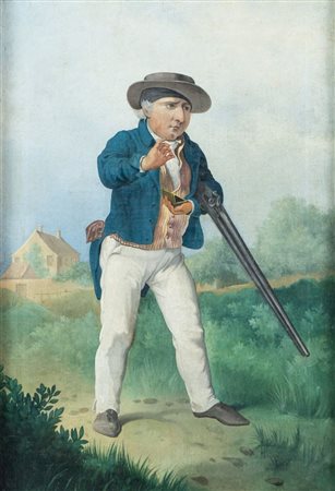 Maestro del XIX secolo. "Cacciatore". Olio su tela. Cm 70x49.