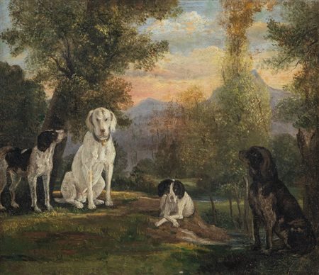 Maestro inglese del XIX secolo. "Paesaggio con cani". Olio su tela. Cm 30x33.