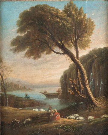 Maestro romano del XVIII secolo. "Paesaggio". Olio su tavola. Cm 54,5x42,5.