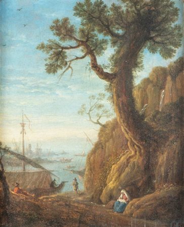 Maestro romano del XVIII secolo. "Paesaggio". Olio su tavola. Cm 51x42,5.