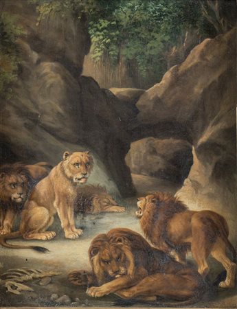 Maestro del XIX secolo. "Paesaggio con leoni". Olio su tela. Cm 48x37.
