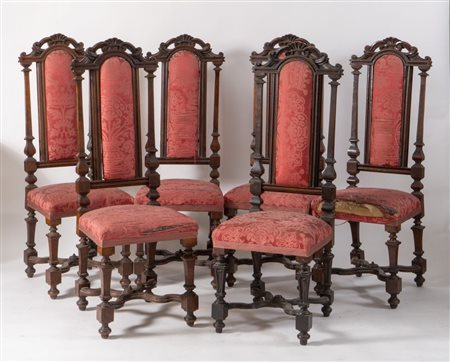 Lotto composto da sei sedie in massello di noce. Emilia, fine del XVII secolo...