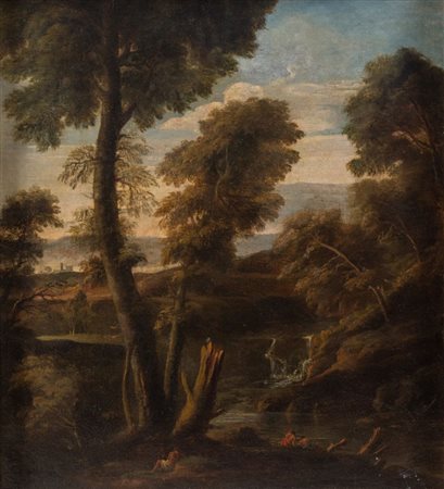 Seguace di G. Dughet. "Paesaggio con figure". Olio su tela. Cm 83,5x74.