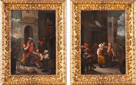 Maestro fiammingo del XVII secolo. "Scene popolari". Coppia di oli su tela....