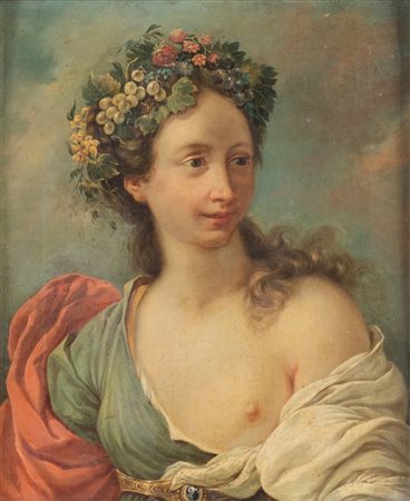 Maestro del XVIII secolo. "Ritratto di donna in veste di Primavera". Olio su...
