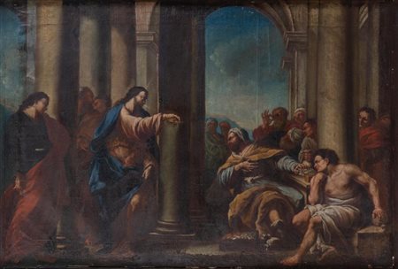 Maestro del XVII secolo. "Gesù che scaccia i mercanti dal tempio". Olio su...