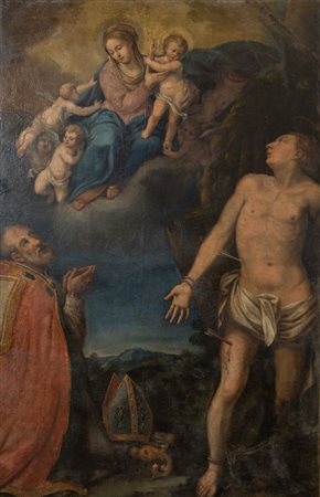 Maestro del XVII secolo. "Madonna in gloria con santi". Olio su tela. Cm...