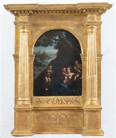 Ambito di Girolamo da Carpi. "Sacra famiglia". Olio su tela entro cornice a...