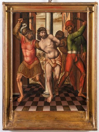 Maestro del XVI secolo. "Flagellazione". Olio su tavola. Cm 70x50. Opera accompagnata da expertise del Dottor Riccardo Battiferro Bertocchi.