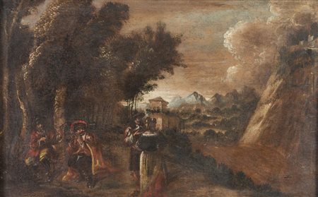 Maestro del XVII secolo. "Paesaggio". Olio su tela. Cm 60x95.