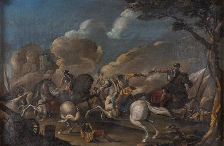 Ambito di Marini, XVIII secolo. "Battaglia". Olio su tela. Cm 65x100.