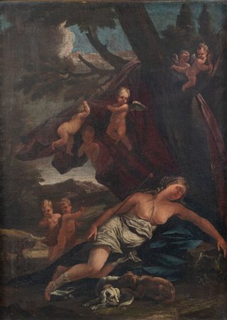 Maestro del XVIII secolo "Diana con putti". Olio su tela. Cm 96,5x68,5.