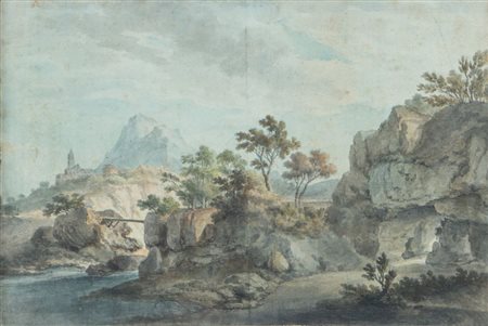 Maestro della fine del XVIII secolo. "Paesaggio". Acquerello su carta. Cm...