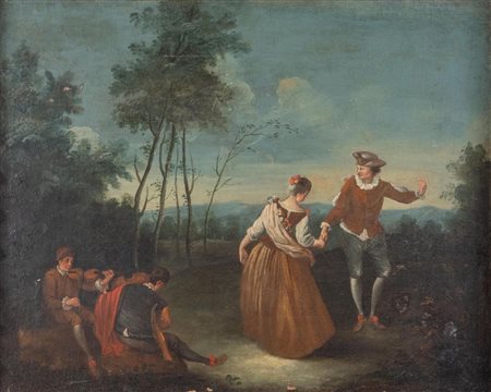 Maestro del XVIII secolo. "Scena campestre". Olio su tela. Cm 65x81.