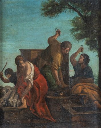 Maestro del XVIII secolo. "Rebecca al pozzo". Olio su tela. Cm 50x40. (restauri)