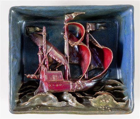 PIETRO MELANDRI (Faenza 1885 – 1976) “Veliero”. Formella in ceramica a...