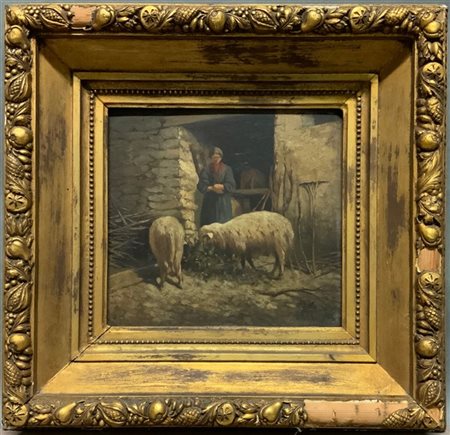 Ignoto di fine XIX secolo "Contadina con pecore" olio su compensato (cm 25x26,5