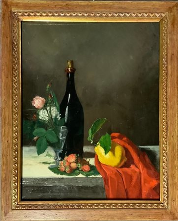 Ignoto del XX secolo, "Composizione con bottiglia e limone" olio su tela (cm 50