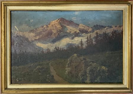 Ignoto di inizio XX Secolo "Veduta del Monte Bianco" olio su compensato (cm 40x