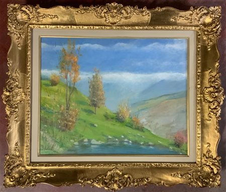 Firma indecifrata, "Paesaggio autunnale" olio su cartone (cm 40x50) Al retro: i