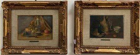Walter Benoldi Lotto di due oli su tavola raffiguranti "Composizioni" (cm 13x17,
