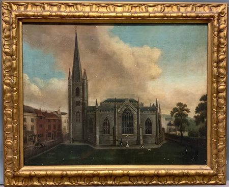 Scuola inglese della prima metà del XIX secolo "Veduta con cattedrale" olio su