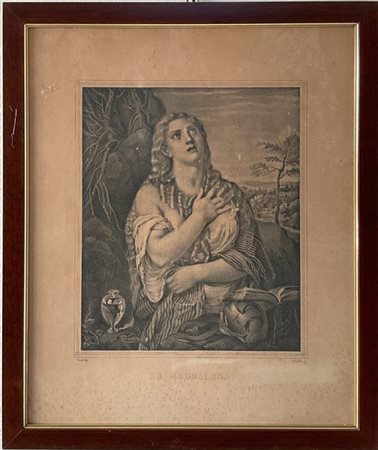 Lotto composto da una litografia monocroma raffigurante Maddalena da un dipinto