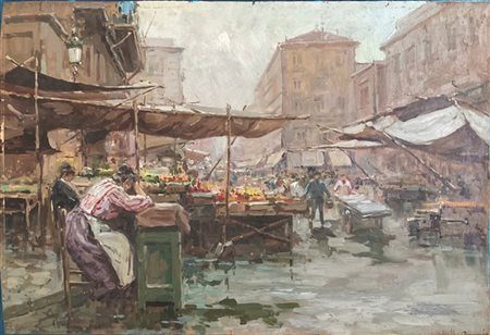 Ignoto del XX secolo"Mercato rionale" olio su compensato (cm 35x50)Tracce d