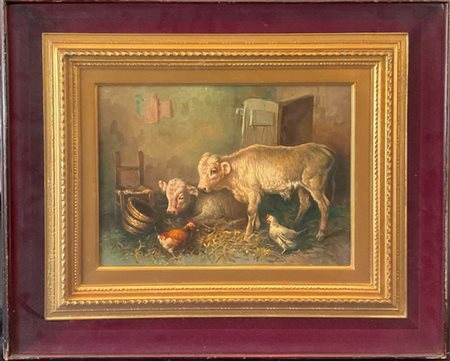 Tito Pellicciotti "Nella stalla" olio su tela (cm 30x40) Firmato in basso a dest