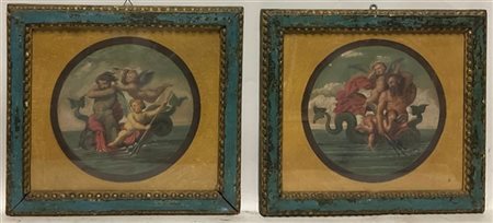Scuola del XIX secolo, coppia di tempere su carta raffiguranti figure mitologic