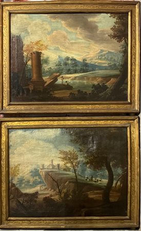 Coppia di antichi dipinti raffiguranti paesaggi classici con figure, oli su tel