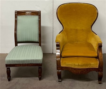 Una poltrona e una sedia di simil decoro intarsiate in legni vari a motivi vege