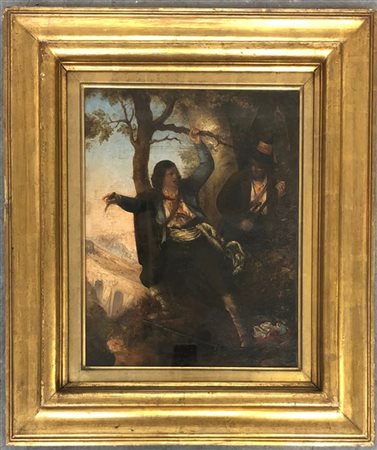 Ignoto del XIX secolo, "I Briganti" olio su tela (cm 45x34) Tracce di firma in